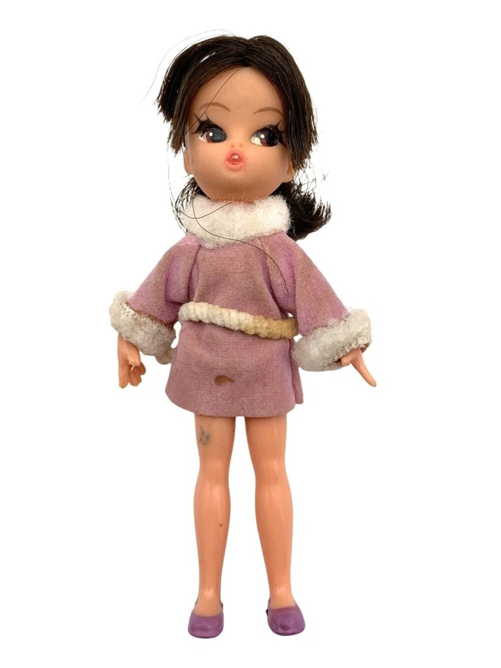 Hasbro Dolly Darling Powder Puff Doll 1967 Brunette Pink Coat Vintage 6" READ
